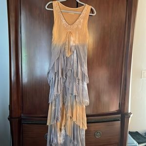 Tan and grey jersey and silk layered long dress